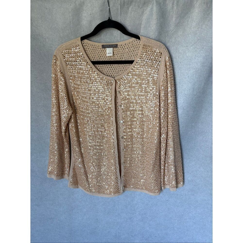 Sigrid Olsen Sequin Beaded Open Knit Champaign Cardigan L Mermaidcore Preppy